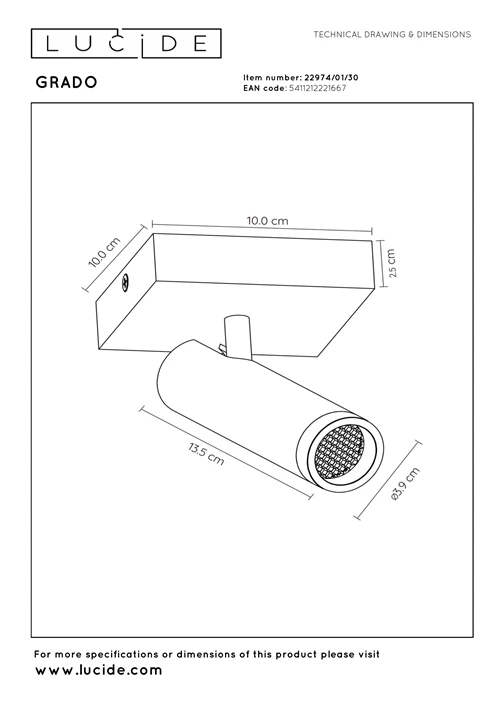 Lucide GRADO - Spot plafond - 1xGU10 (MR11) - Noir - technique